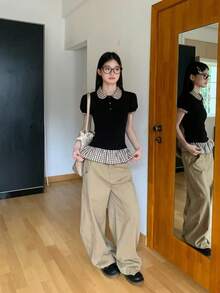 女士 Polo 领荷叶边下摆修身短袖 T 恤，纯色拼接领，夏季度假休闲黑色 - 黑色 - 查看 5