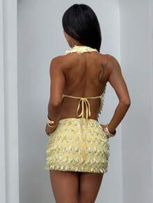 夏季垂坠式亮片刺绣上衣和半裙套装 - 黃色 - 查看 6