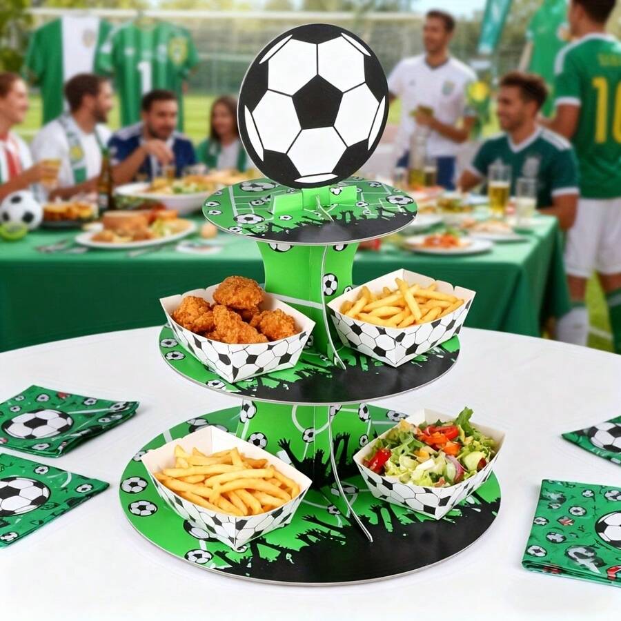 1 pieza/3 piezas Soporte de papel de 3 niveles con tema de fútbol verde de la Copa del Mundo, adecuado para fiestas con tema de fútbol, decoración de magdalenas, decoración de escritorio con tema de fútbol y exhibición de postres para fiestas de cumpleaños - multicolor - Ver 1
