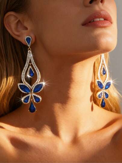 复古海军蓝水钻锌合金蝴蝶吊坠耳环，优雅派对主题耳环，精致珠宝礼品