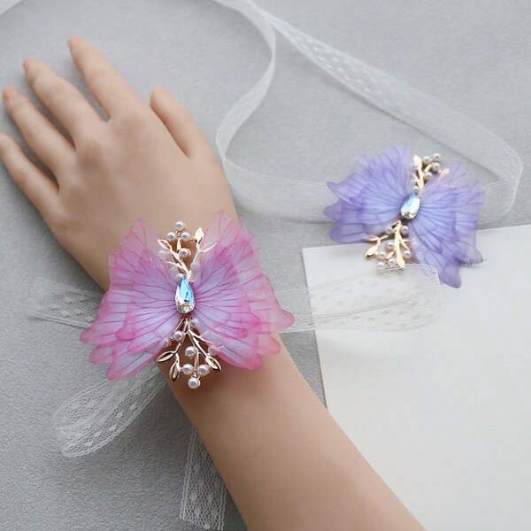 1 chiếc hoa cài cổ tay hình bướm màu xanh tím và hồng nhạt kiểu Pháp, thích hợp cho phù dâu, đám cưới, tiệc tùng, khiêu vũ và các dịp khác.