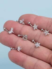 7件套Y2K辣妹穿孔饰品套装，闪亮水钻爱心星星蝴蝶肚脐耳软骨眉钉穿孔饰品套装 - 銀色 - 查看 3