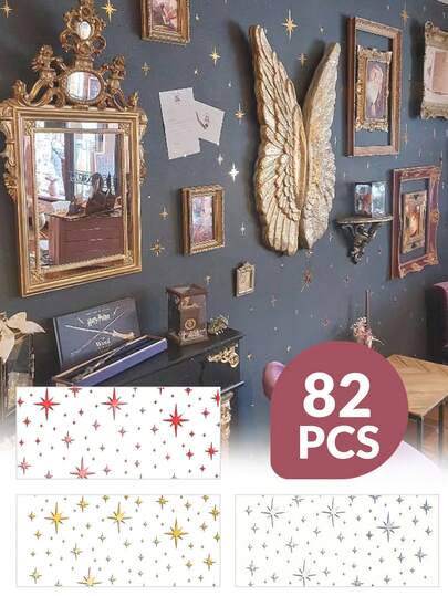 82 Peças Adesivos de Espelho Acrílico em Formato de Estrela, Adesivos Decorativos 3D de Céu Estrelado, Adesivos Autoadesivos de Espelho DIY, Decoração de Parede para Quarto, Dourado/Prata/Vermelho