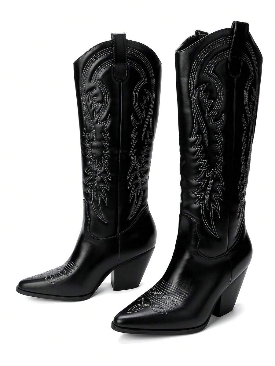 Giày bốt cao đến đầu gối dành cho nữ, mũi nhọn, gót dày, kiểu dáng cổ điển phương Tây, màu đen, thêu họa tiết. - màu đen - Xem 1