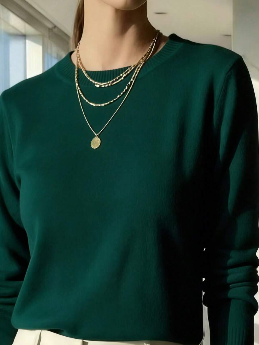 WOMEN'S LONG SLEEVE KNITTING BLOUSE WINTER BASIC ROUND NECK SWEATSHIRT - Màu xanh lá cây đậm - Xem 1