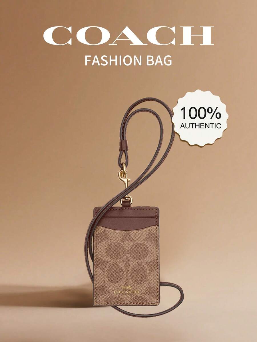 Coach Vertical Genuine Leather ID Card Holder With Transparent ID Window, 2 Credit Card Slots And Detachable Lanyard - Light Brown - View 1
