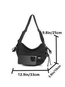 男士尼龙单肩包，大容量，时尚纯色，旅行/假日礼物，户外/骑行/露营斜挎包，夏季返校学生用品，学院风单肩包，新生活必备，高中运动背包 - 黑色 - 查看 6