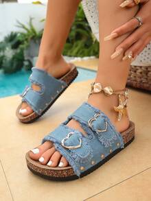 Sandal Datar Wanita Modis, Sol Lembut, Ringan, Dapat Diatur, Gesper Ganda, Sol Tebal - Cocok untuk Dipakai di Dalam, Luar Ruangan, dan Pantai, Musim Semi/Panas - Baby Blue - View 8