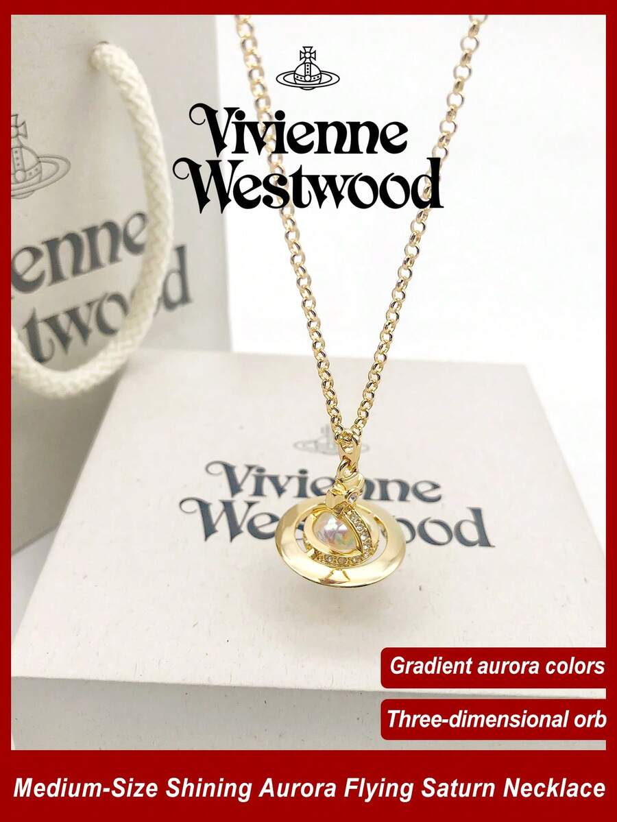 Vivienne Westwood Bộ sưu tập mặt dây chuyền Tiny Orb mới, dây chuyền Aurora Pilot cỡ trung, mạ vàng, bằng đồng thau, đính đá lấp lánh. - Vàng - Xem 1