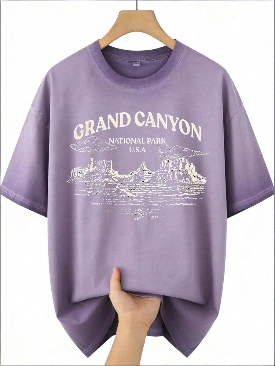 Men's Grand Canyon National Park Pattern T-Shirt -100% Cotton, Short Sleeved, Round Neck, Summer Casual Outdoor Clothing, Machine Washable Christmas Gifts For Men Mens Gifts - 髒洗紫色 - 查看 1