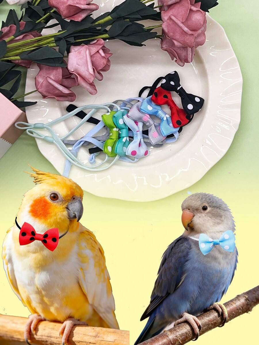 7pcs Mini Cute Limited Edition Multi-Color Polka Dot Bird Bow Ties, Elastic Adjustable Decorative Bow Ties, Parrot Decor Accessories Suitable For All Seasons, Photo Prop, Random Style Delivery - Multicolor - View 1