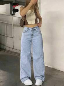青少年女孩口袋直筒寬鬆休閒百搭牛仔褲 - 淺色水洗藍 - 查看 3