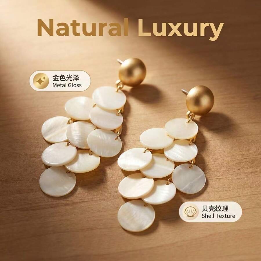 2 đôi bông tai hình giọt nước vỏ sò tròn màu trắng hai mặt, mạ vàng mờ, móc bông tai bằng thép không gỉ, thích hợp cho phụ nữ đi nghỉ mát mùa hè ở bãi biển. - Vàng - Xem 1