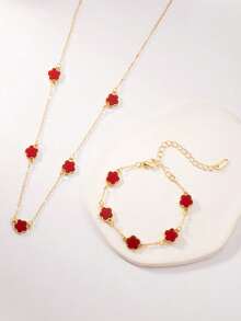 1 Set de collar de flor de 5 hojas de lujo creativo de alta gama estilo europeo y americano, de acero inoxidable, adecuado para uso diario - Rojo - Ver 2