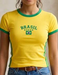 Brazil Women's Yellow T-Shirt, World Cup Ringer Tee Style, Baby Look Slim Fit, 100% Cotton, 2026 - Yellow - View 11