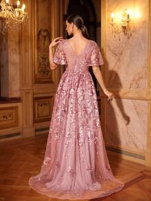 UNITHORSE [Random Cut] Women's Deep V-Neck Backless Dress With Ruffle Sleeves, Mesh Embroidery Patchwork, Waist Cinched Flared Skirt, Elegant Party Evening Gown - Red Violet - View 4