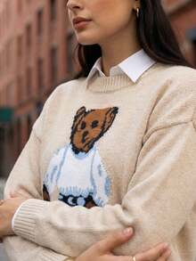Women's Teddy Bear Knit Blouse, Long Sleeves, Winter Fashion, Ribbed Hem, Boat Neck - Màu Hồng Tươi - Xem 3