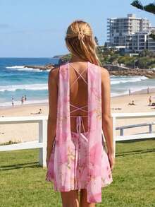 Women Mini Dress Floral Print/Solid Color Sleeveless Cami Dress Summer Backless Dress With Choker Scarf - 粉色 - 查看 7