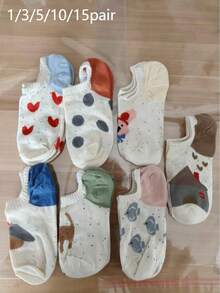 5双装女士卡通图案刺绣透气短袜 - 彩色 - 查看 7