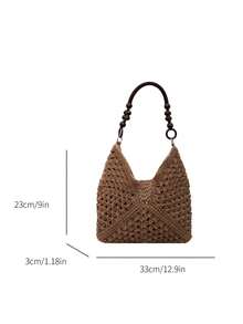 Handmade Crochet Hollow Straw Bag, Patchwork Large Capacity Shoulder Bag, Bohemian Contrast Color Straw Bag, Casual Versatile Women Bag, Slouchy Woven Bag, Summer Beach Vacation Straw Bag, Commute & Travel Dual-Use Women Bag, Can Fit , Gift For Women - Màu Khaki - Xem 9