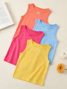 4pcs/Set Atasan Camisole Warna Permen untuk Anak Perempuan dengan Hiasan Pita, Cocok untuk Dipakai Sehari-hari di Musim Semi/Panas - MultiWarna - View 2