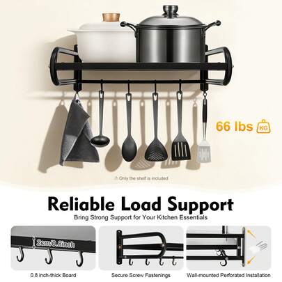  Estantería de pared para microondas con 6 ganchos de TFCFL, estantería de pared para microondas para la cocina, color negro [El mejor regalo para la familia y los amigos]