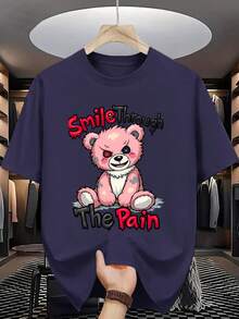 Nuevas camisetas casuales de primavera y verano para hombre, de cuello redondo y a la moda, hechas de tejido de punto de poliéster, ligeramente elásticas, de corte regular, con un diseño de oso rosa y el mensaje "Face Pain with a Smile", adecuadas para uso adulto. - azul real - Ver 8