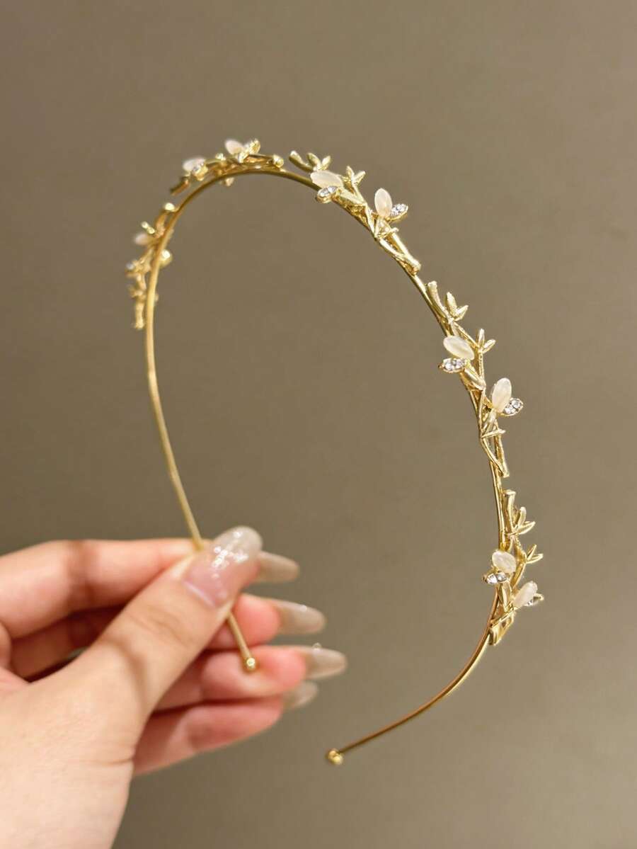 1pc Cat Eye Tulip Crystal Branch Alloy Minimalist Hair Hoop, Suitable For Spring/Summer Vacation,Festival,Party - Gold - View 1