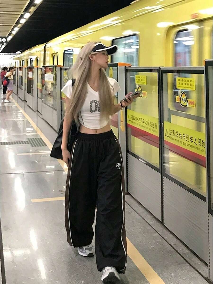 撞色高腰直筒宽松休闲女裤，带刺绣，春夏秋季款