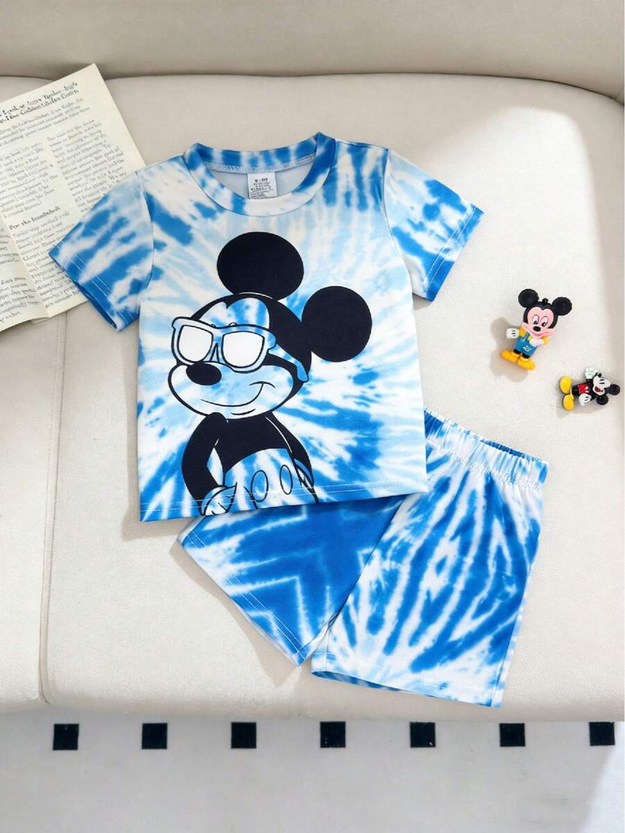 Disney Summer Baby Boy Mickey Mouse Tie-Dye Print Short Sleeve Pajama Set, Soft Knit Elastic Waist Shorts & Tee Loungewear - Blue - View 1