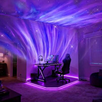  Đèn chiếu LED 7 màu có điều khiển từ xa | Cấp nguồn qua USB, đèn nền màu đen với nhiều hiệu ứng đổi màu và chuyển động, thích hợp làm đèn trang trí bàn độc lập cho nhiều phòng khác nhau.