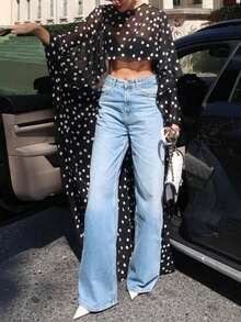 New Elegant & Fashionable Black Chiffon Polka Dot Blouse, Casual For Holiday & All Seasons Summer Vacation - Black - View 4