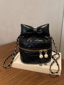 New Bowknot Embroidered Diamond-Pattern Boxy Chain Shoulder Crossbody Small Square Girl's Bag With Lipstick Texture - Black - View 9