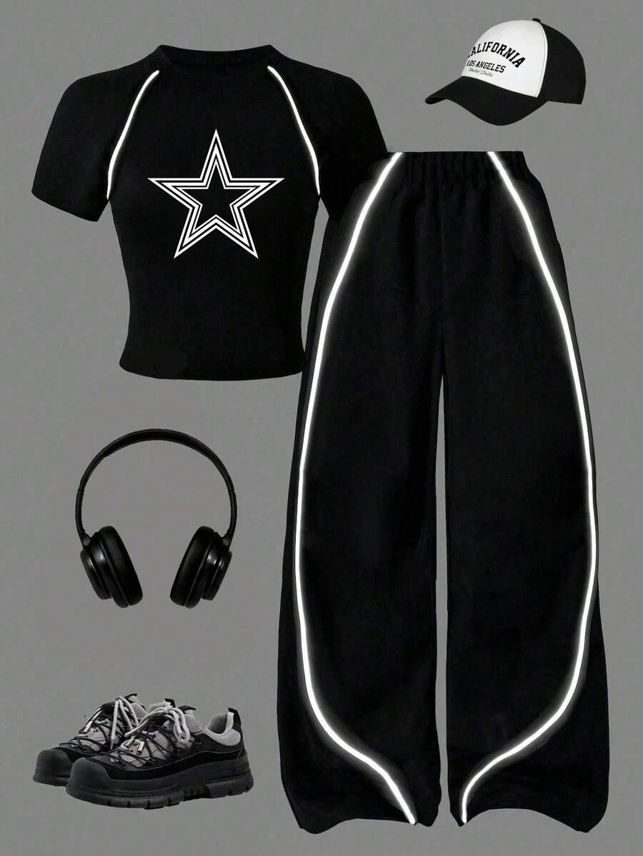 Tween Girl 5-Pointed Star Print Raglan Short Sleeve T-Shirt And Pants Casual Outfit - Black - View 1