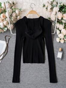 Áo khoác cardigan dệt kim gân có mũ, áo len đa năng ôm dáng với khóa kéo đôi, áo tay dài mỏng với thêu chữ, màu đen mùa xuân/hè. - màu đen - Xem 8