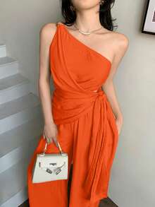 abyoxi Women's Orange, Slant Shoulder Twisted Flutter, Asymmetric Hem Top And High Waisted Wide Leg Pants 2 Piece Set, Casual Vacation, Sexy Elegant, Party, Date, Beach, Everyday Going Out, Spring Summer Top And Long Pants Outfit - Orange - View 5