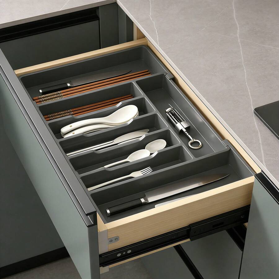 1个厨房用具收纳盒，可调节抽屉整理盒，餐具分隔托盘，刀叉勺筷架，桌面收纳盒