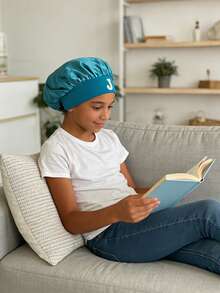 1 chiếc mũ rộng vành cho trẻ em, in 26 chữ cái, có dây chun, kiểu dáng thời trang dùng hàng ngày và khi ngủ. - Màu xanh lam - Xem 2