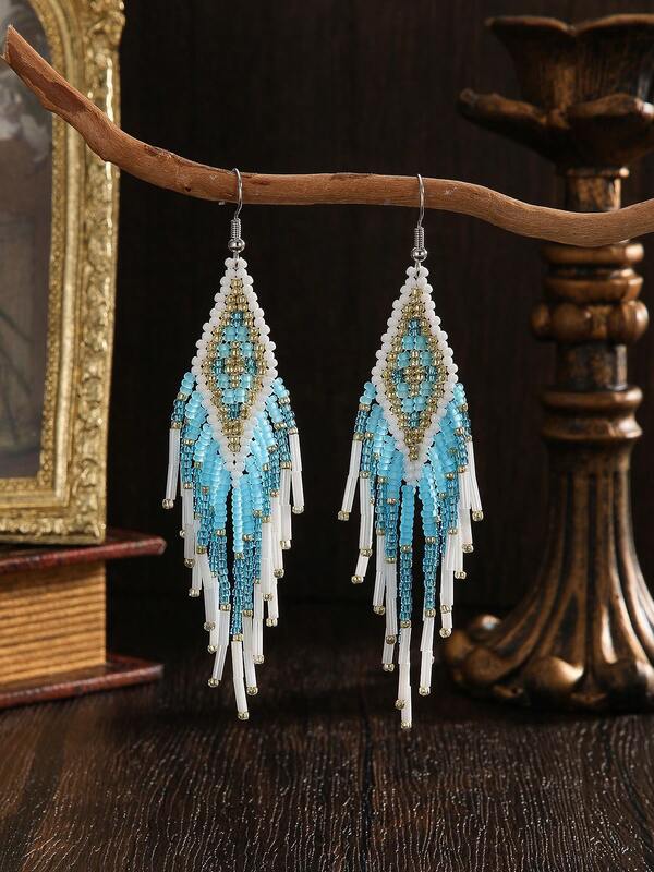SOUL BEADING Bohemian Beaded Earrings, Vacation Style, Blue And White Color, Geometric Rhombus Shape, Tassel Pendant, Handmade Seed Beads, Women's Earrings, Tassel Earrings, Seed Bead Earrings, Suitable For Women's Daily Vacation Wear, Versatile Gift