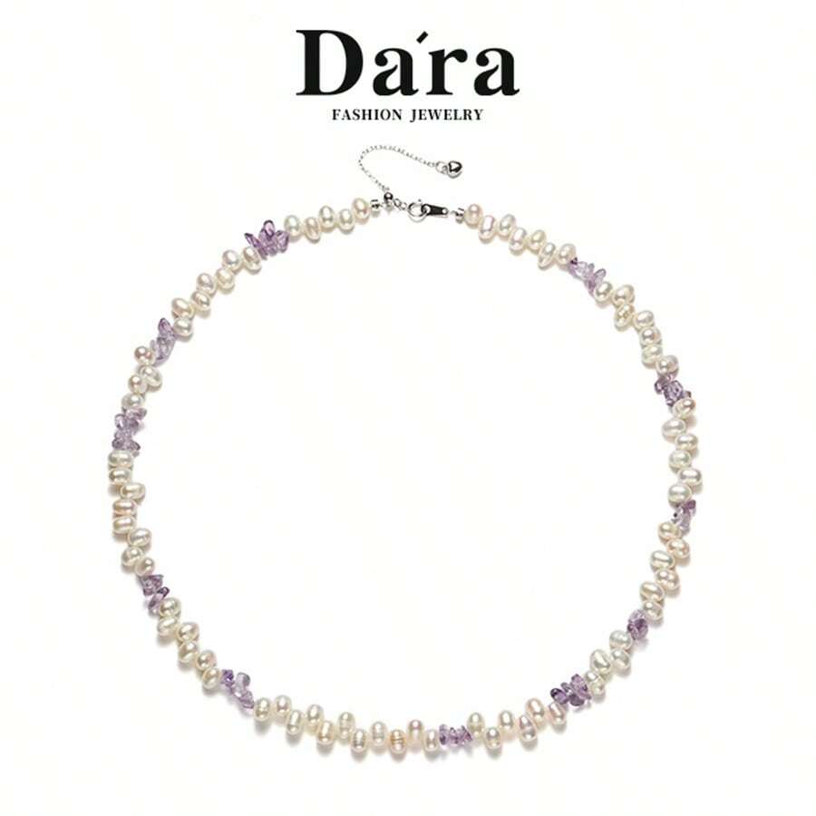 DARA Collier en argent S925 avec pétales de fleurs et perle d'eau douce violette avec cristal, texture délicate, convient pour un port quotidien, emballage cadeau élégant, romantique pour un port personnel ou en cadeau