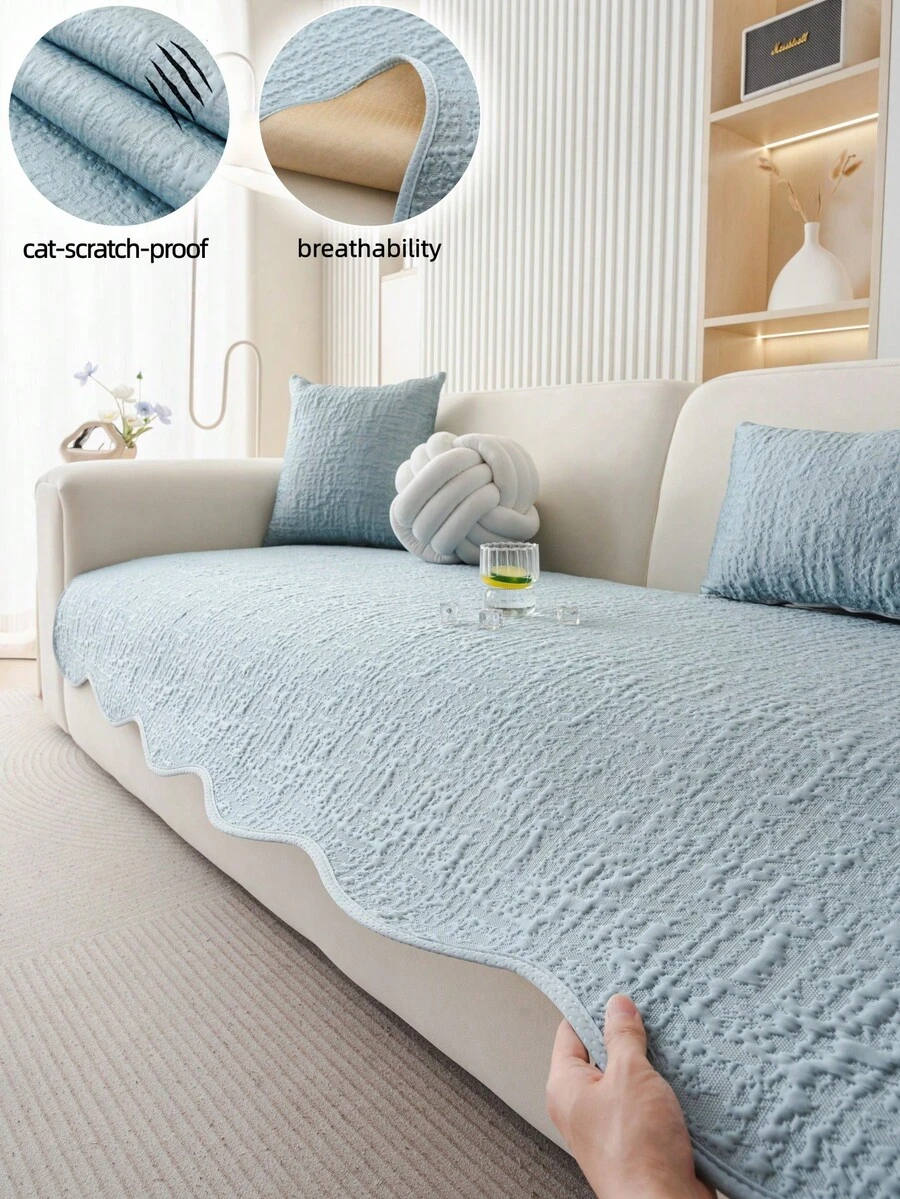 1 pièce Housse de coussin de canapé en soie glacée de couleur unie et de forme irrégulière, housse de canapé minimaliste moderne, respirante pour l'été, résistante à la boulochage, sans froissage, antidérapante, anti-poussière, protège le canapé, lavable en machine, sans déformation, résistante à la décoloration, durable, anti-rayures pour animaux de compagnie, relooking de canapé, décoration de canapé, amélioration de l'ambiance, convient pour 1 à 4 places, canapé d'angle - Bleu azur - Voir 1