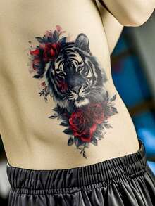 4 Sheets Big Size Body Art Temporary Tattoo Stickers For Men , Black Realistic Animal Style Lion And Tiger Pattern, Waterproof Fake Tattoo, Lasts 2-5 Days, Covering Scars, Can Be Used On Arms Wrist Shoulders Legs Waist Neck Hand Chest Thighs Fingers, Suitable For Body Dressing, Vacation, Gift, Party, Music Festival - Color - View 6