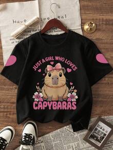 Conjunto Infantil Menina com Top Pullover Gola Redonda Manga Curta Estampa de Capivara e Letra + Shorts Ajustados Estampa de Capivara Fofa Primavera Verão - Preto - Visão 5