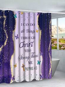 [Bộ phụ kiện phòng tắm hình bướm tím] Bộ 1/4 rèm tắm bằng polyester chống thấm nước in hình bướm tím, kèm 12 móc treo, thảm chống trượt và thảm tròn lót bồn cầu. - A - Xem 19