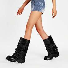 Women's Platform Round Toe Mid Calf Boots With Chunky Heel - M-black - View 3