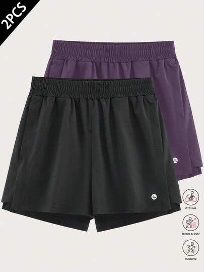 2条装女士夏季速干弹力运动短裤，带口袋，适合瑜伽、健身房锻炼、跑步、骑行、网球、高尔夫等运动。