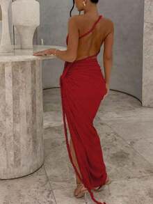 – Hot New Arrivals Women Summer Solid Patchwork Backless Side Slit Ruched Long Dress Bodycon Elegant Party Dress Prom - Đỏ - Xem 1