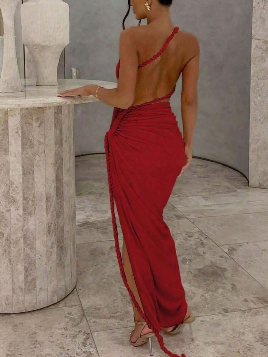 – Hot New Arrivals Women Summer Solid Patchwork Backless Side Slit Ruched Long Dress Bodycon Elegant Party Dress Prom - Đỏ - Xem 1