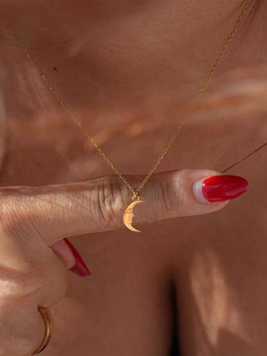 Stainless Steel Waterproof & Fade-Resistant Gold/Silver Round Snake Chain Moon Pendant Necklace, Suitable For Women's Daily Wear - Smiling Moon - View 1
