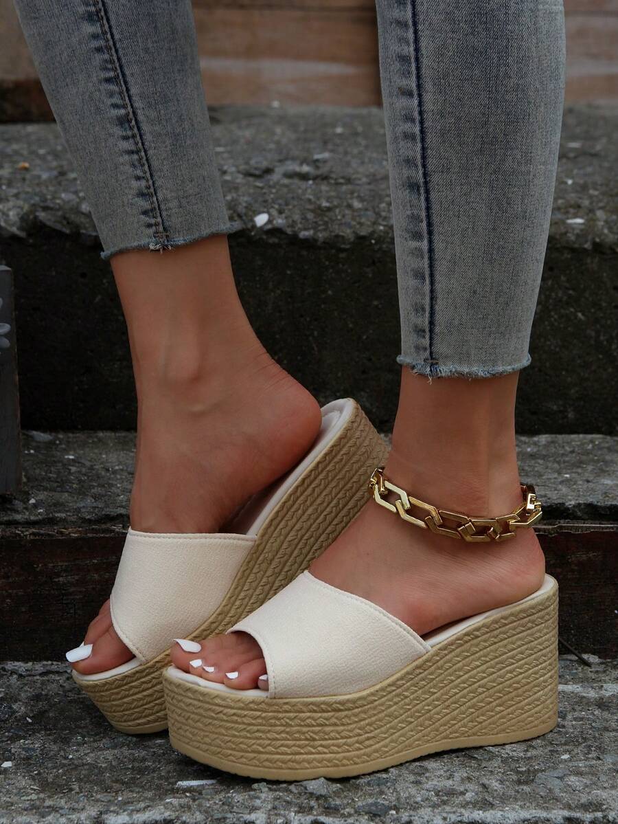 1 đôi dép xăng đan đế xuồng dày dặn màu be cho nữ, chất liệu vải thoáng khí, kiểu dáng thoải mái, dễ mang, phong cách punk thường ngày, cỡ lớn, bán chạy xuyên biên giới, nhẹ, cỡ EU. - Màu be - Xem 1